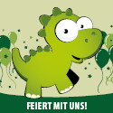 Grüner Dinosaurier mit breitem Lächeln, Text 'Feiert mit uns!' auf grünem Hintergrund