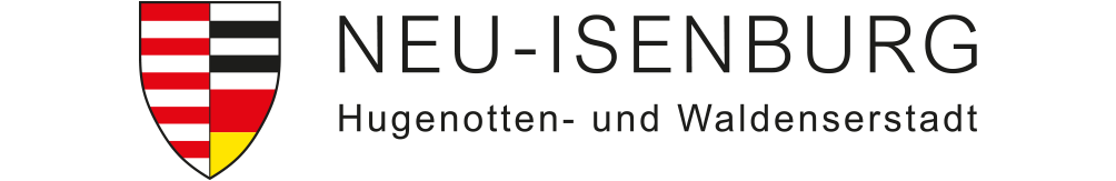 Logo Neu-Isenburg mit Neu-Isenburger Wappen, Untertitel: Hugenotten- und Waldenserstadt